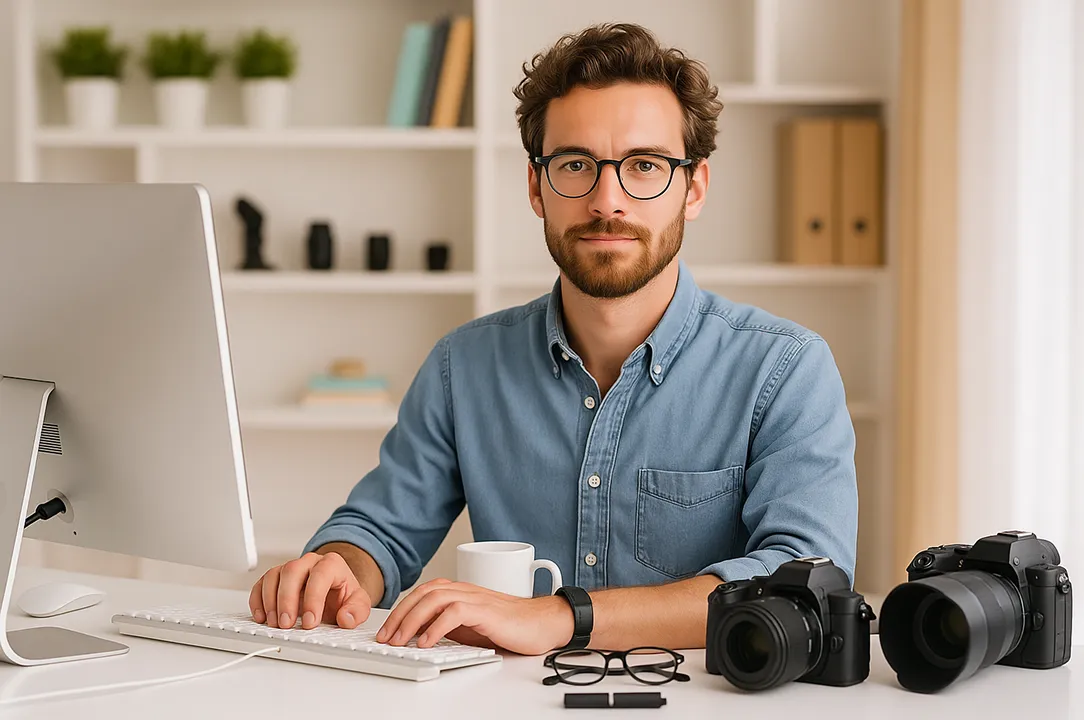 Man sitting at a desk with camera equipment and a computer, working indoors.